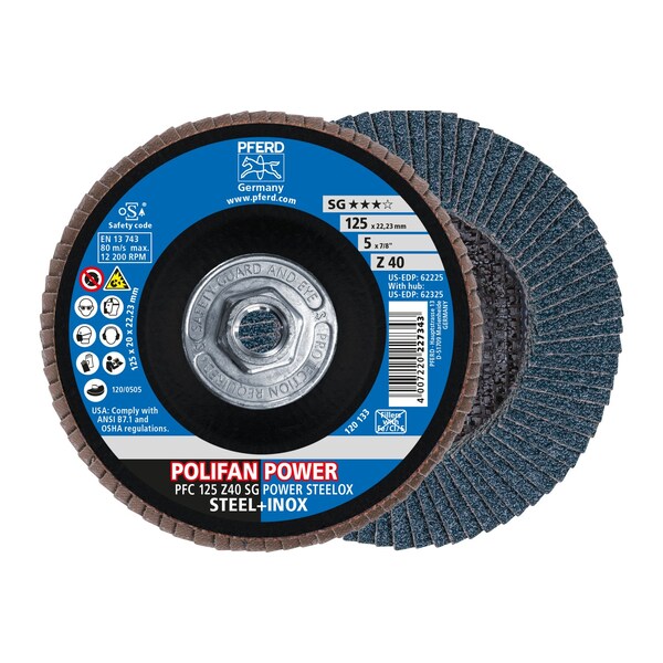 Pferd 5" x 5/8-11 Thd. POLIFAN Flap Disc - Z SG POWER STEELOX, Zirconia, 40 Grit, Conical 62325 - main